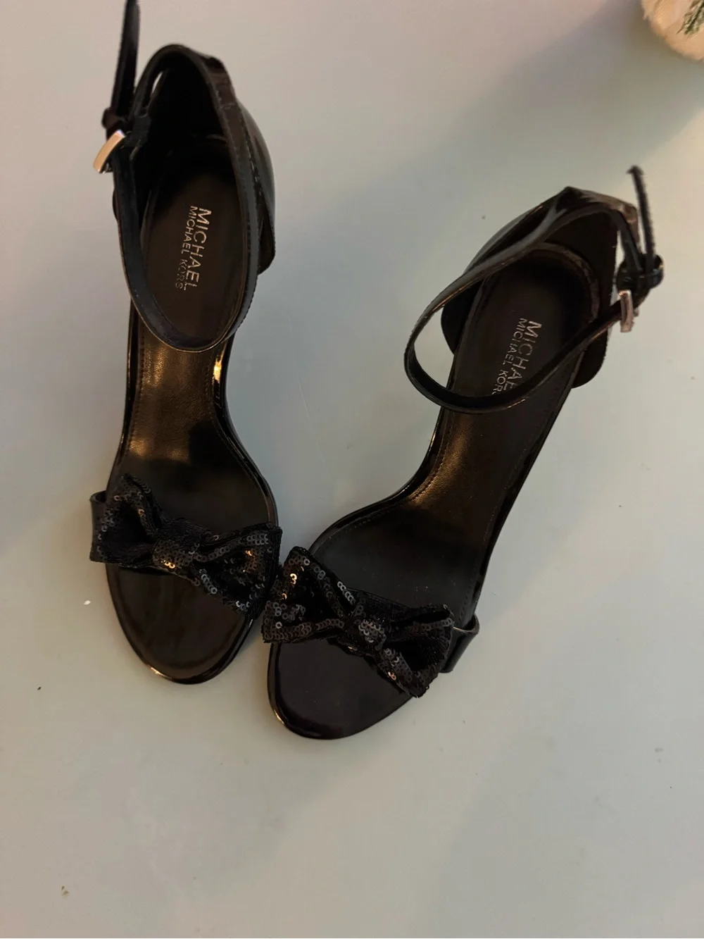 MICHAEL Michael Kors Black Sequin Bow Ankle-Strap Heels Size 8